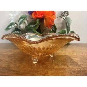 Vintage Marigold Carnival‎ Glass Footed Bowl Depression Era Decor Centerpiece